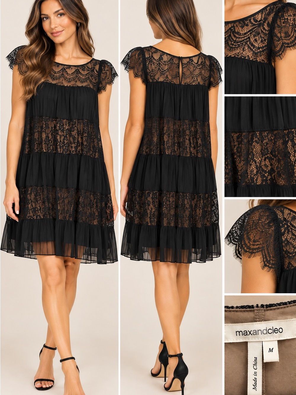 Max & Cleo Black Lace Tiered Chiffon Midi Dress
